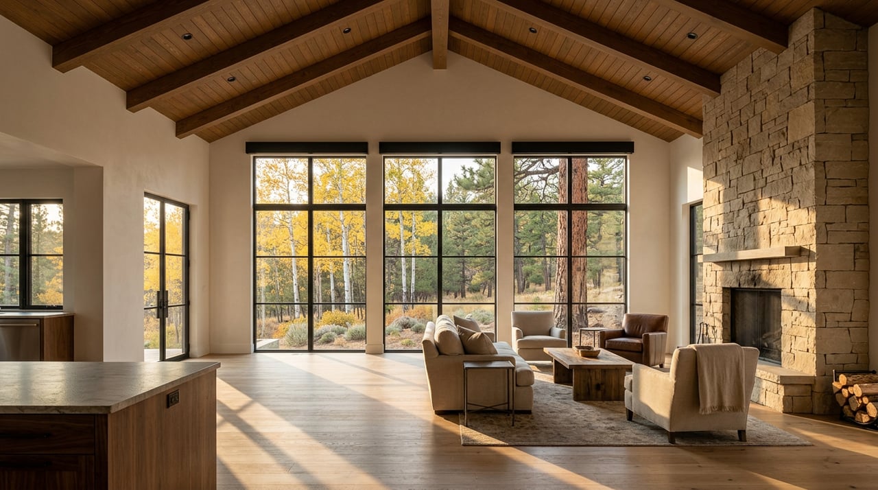 Mountain estate great room with vaulted fir beams, limestone fireplace, and golden aspens beyond the windows.