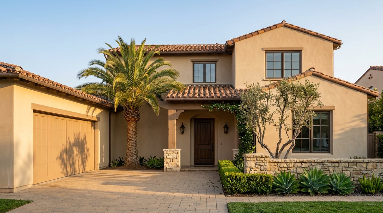Mediterranean-style stucco home with a tiled roof, arched entry, palm tree, and paved motor court.