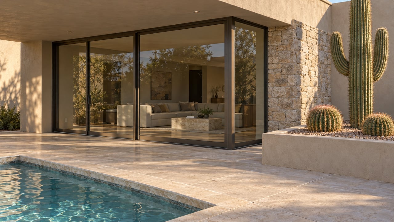 Covered limestone patio beside a pool, with bronze-framed living-room glass and a raised desert planting bed.