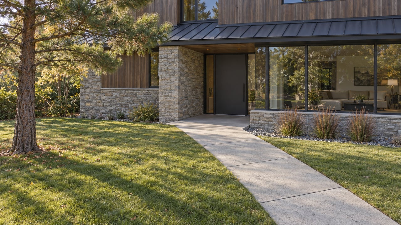 Two-story cedar-and-stone home with a concrete approach, lawn, and asymmetrical pine tree.