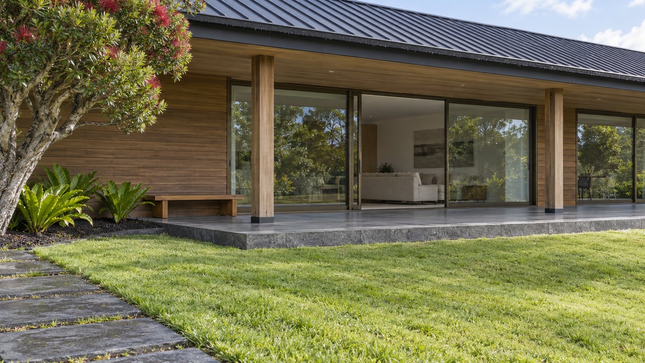 Warm timber home with a deep covered stone terrace, bronze-framed glass doors and a rain-damp lawn beside a mature flowering tree.