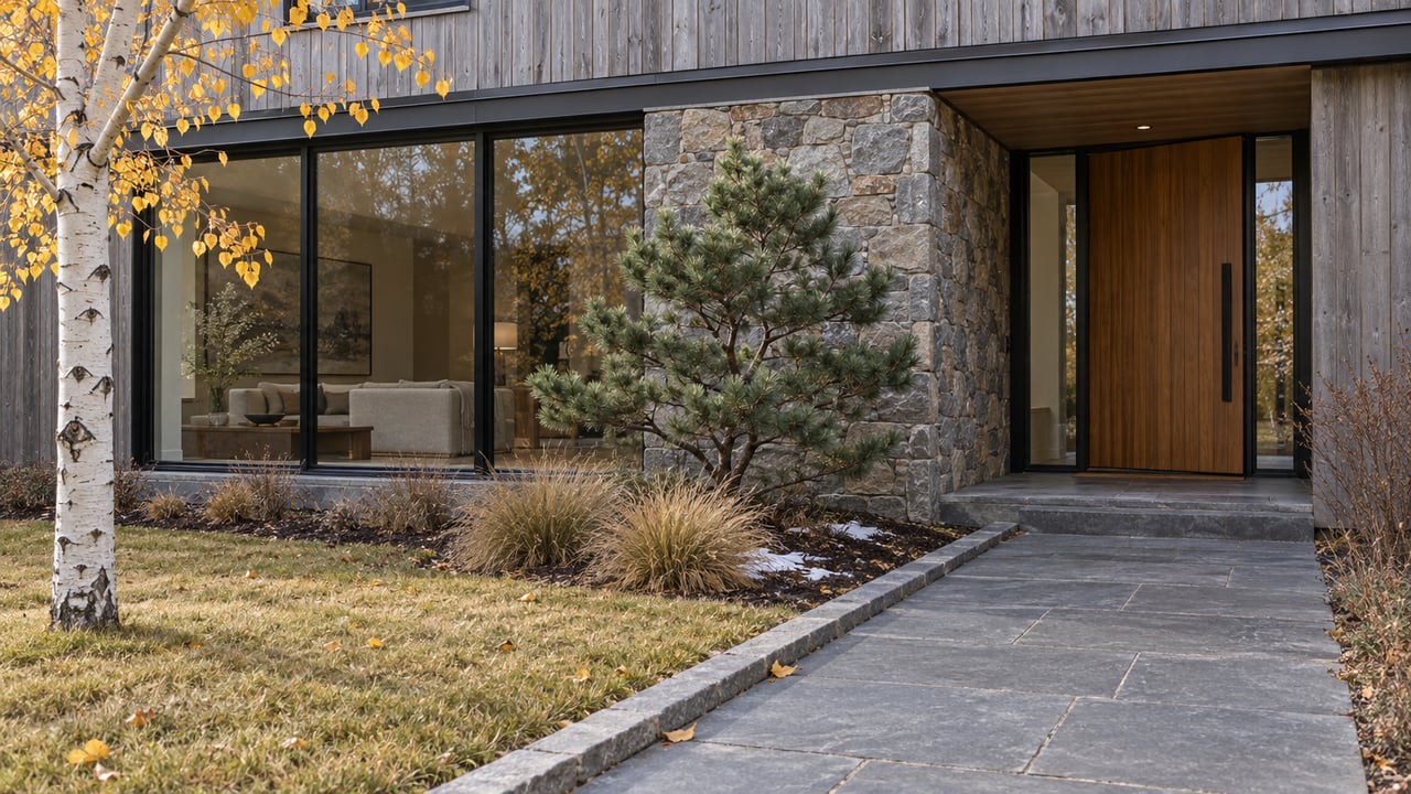Contemporary home with weathered timber, natural stone and black-framed glass beyond an autumn garden approach.