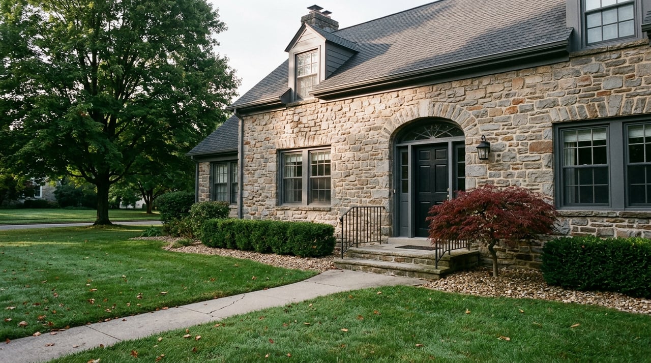 Stone house with arched entrance, clipped hedge, red-leaved maple, and curving walkway across the lawn.