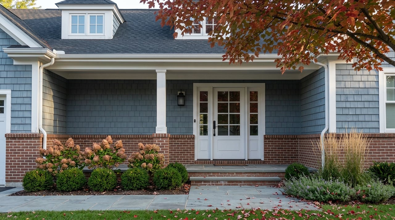 Suburban porch with blue-gray shingles, red-brown brick, white columns, and fallen red maple leaves on the walk.