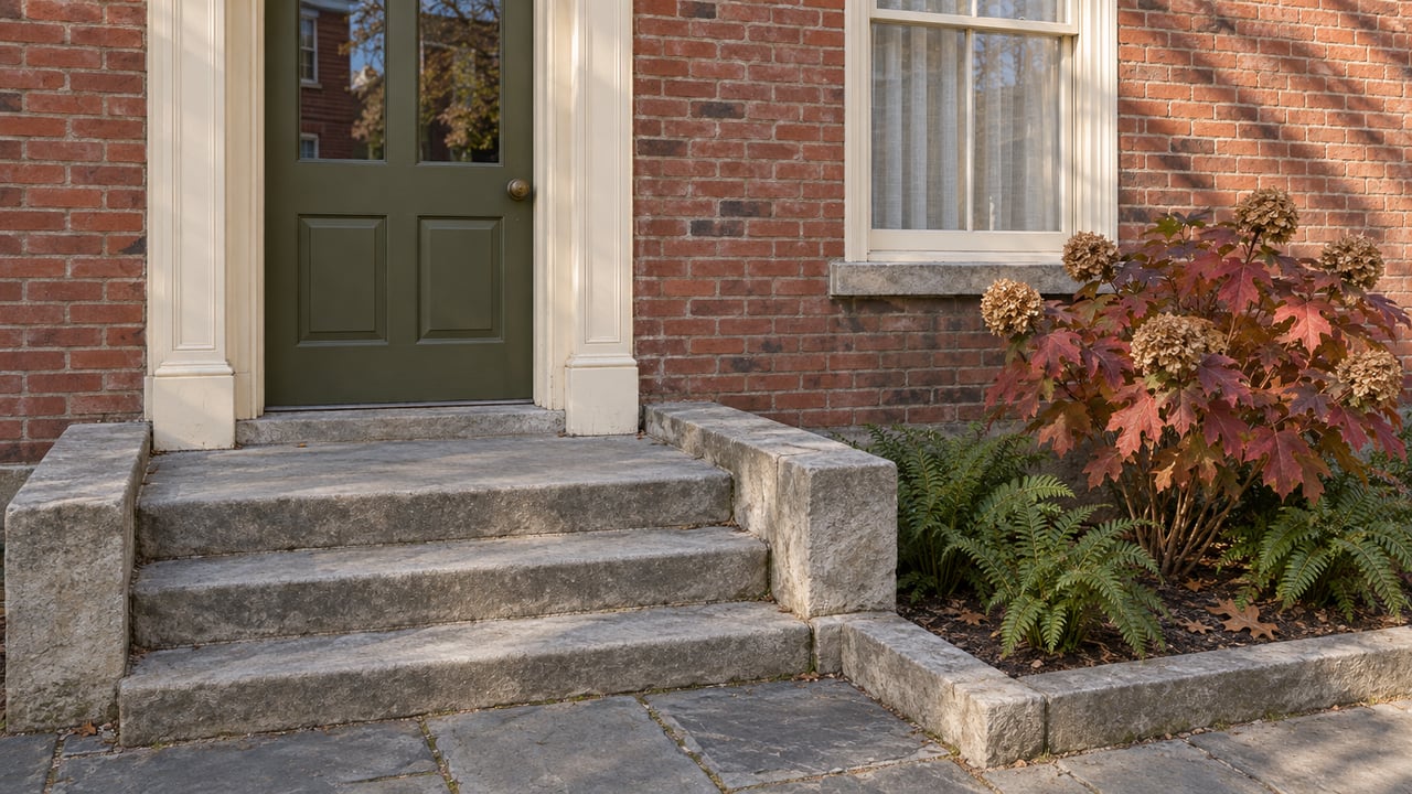 Restored brick home entry with an olive door, worn limestone steps, bluestone paving, and autumn oakleaf hydrangea.