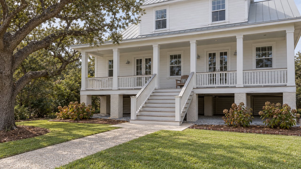 An elevated white clapboard home with a broad porch, weathered metal roof and mature live oak across a deep front lawn.