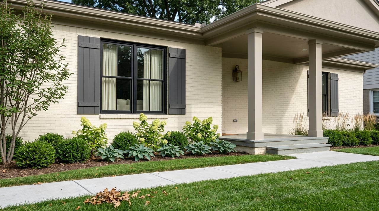 Transitional home facade with painted brick, black-shuttered window, porch corner, and manicured plantings.