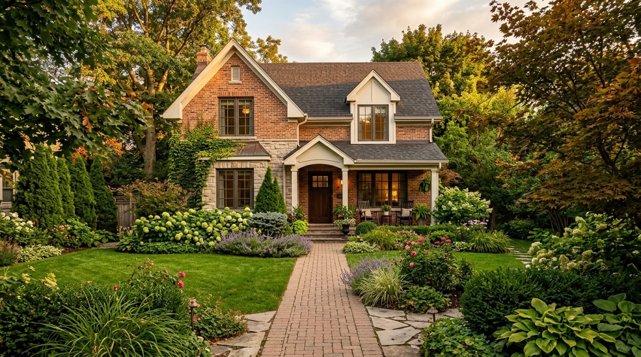 Established brick-and-siding home with a curved concrete walk crossing a broad lawn beneath mature trees.