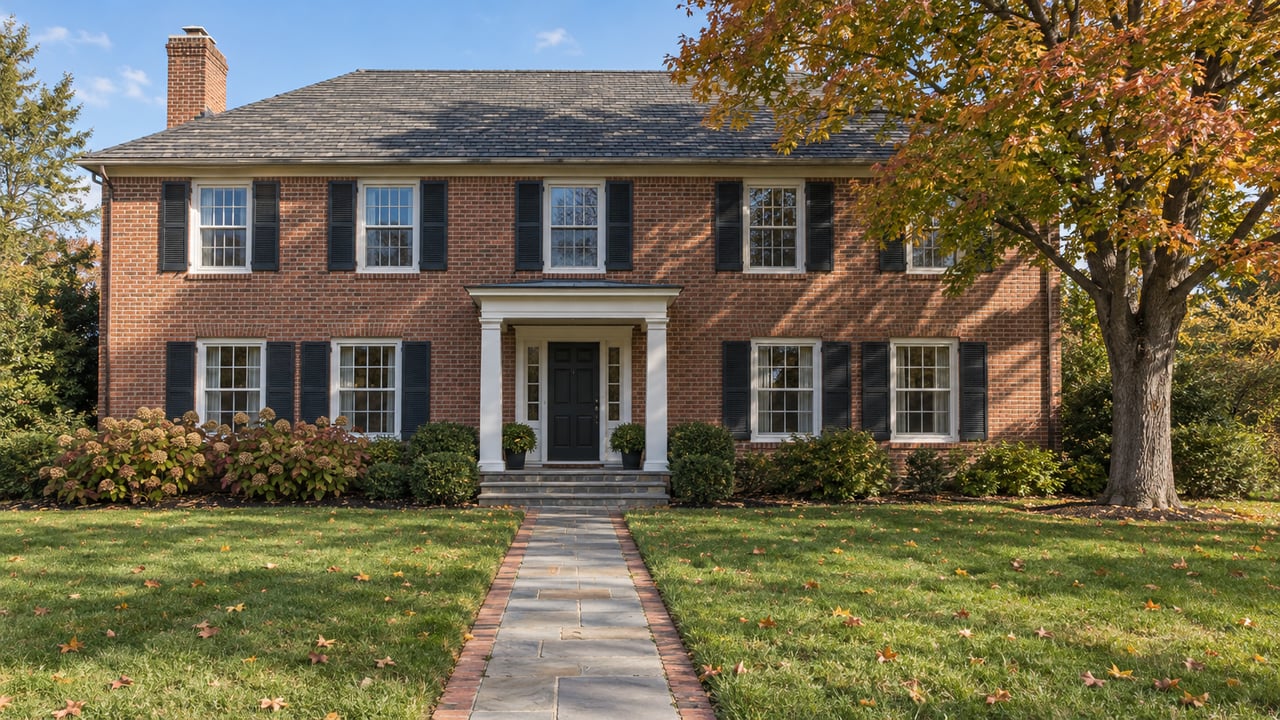 Established two-story brick home with a centered white portico, deep front lawn, bluestone approach and mature maple turning amber.