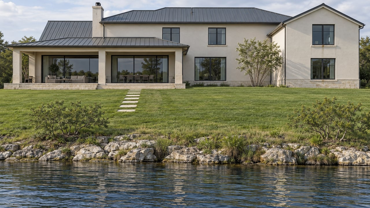 Two-story cream-stucco house beyond a deep lawn, limestone bank, and rippled blue water.