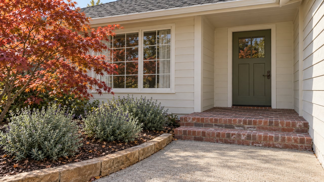 Copper-red Japanese maple beside the brick steps and olive front door of an ivory-sided ranch home.