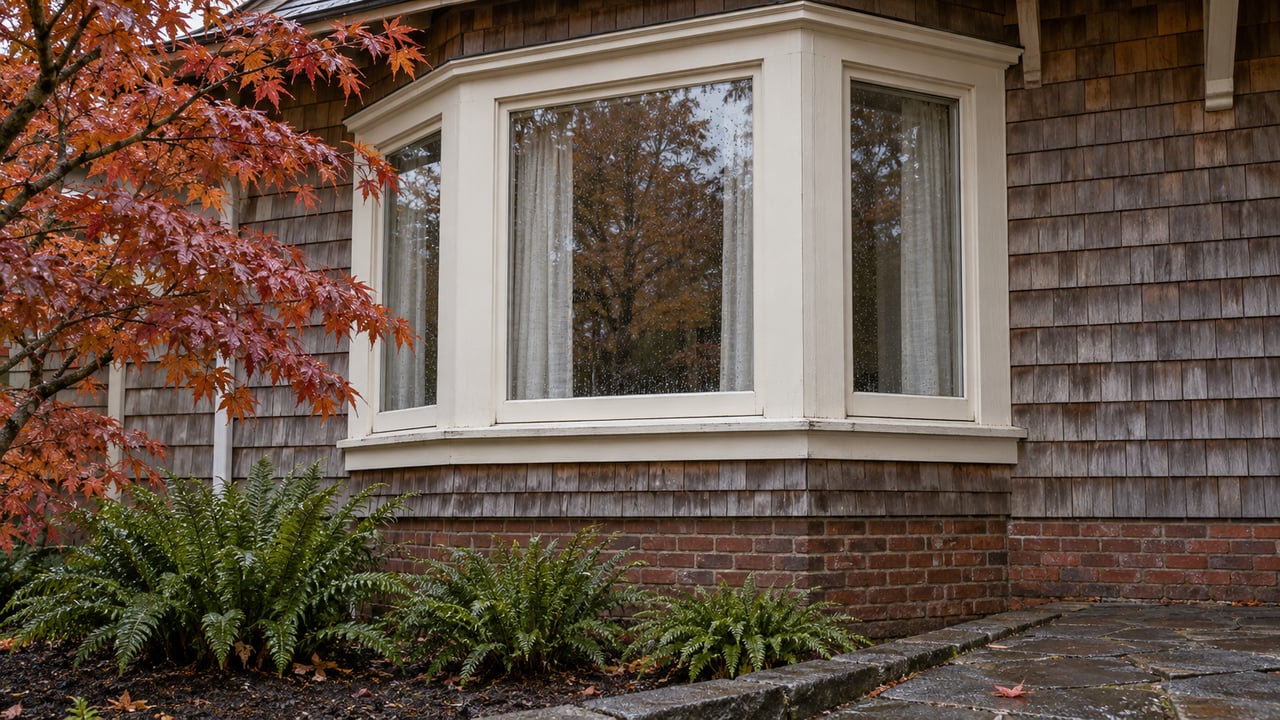 Cedar-shingled house with ivory-trimmed bay windows, a brick foundation, autumn maple foliage, and ferns beside a damp basalt path.