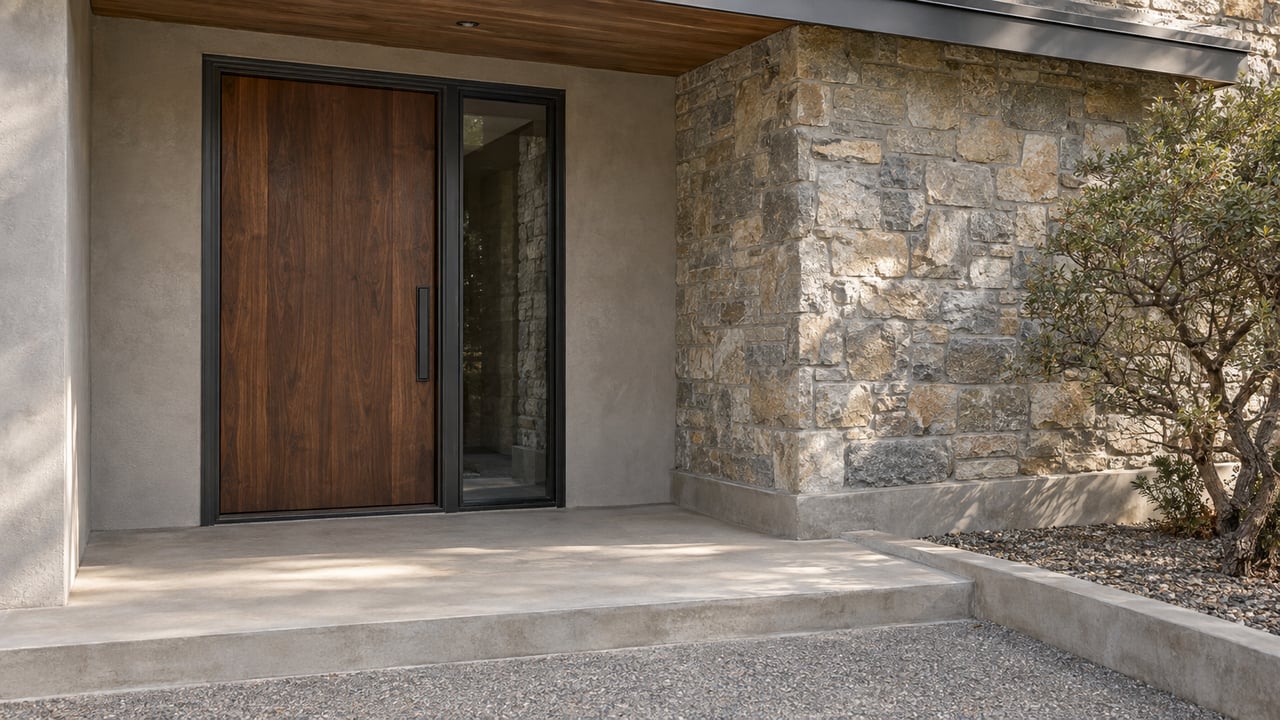 Recessed walnut entry door beside a narrow sidelight, with a stone wall and concrete landing.