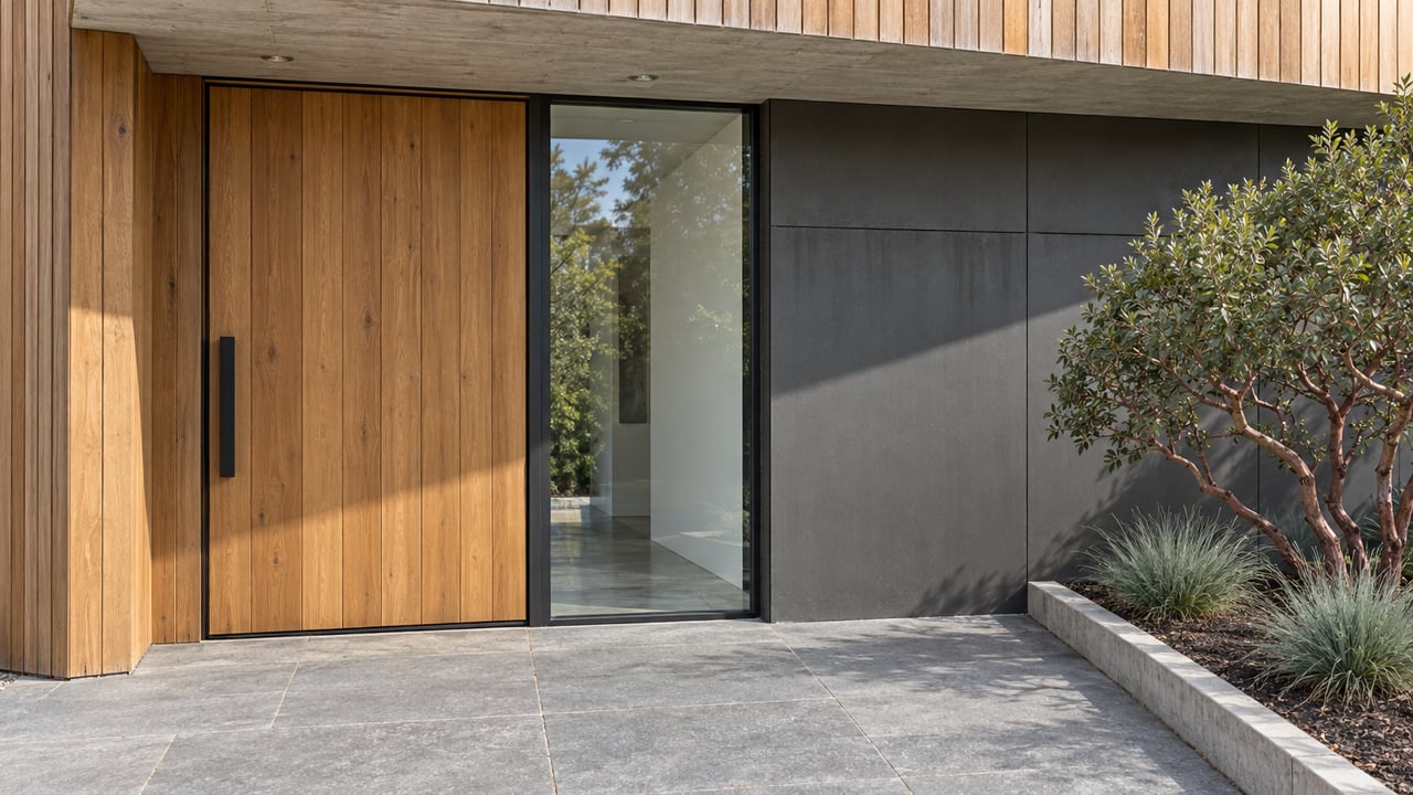 Contemporary cedar entry with a black-framed sidelight, gray stone landing and sculptural manzanita in a raised planting bed.