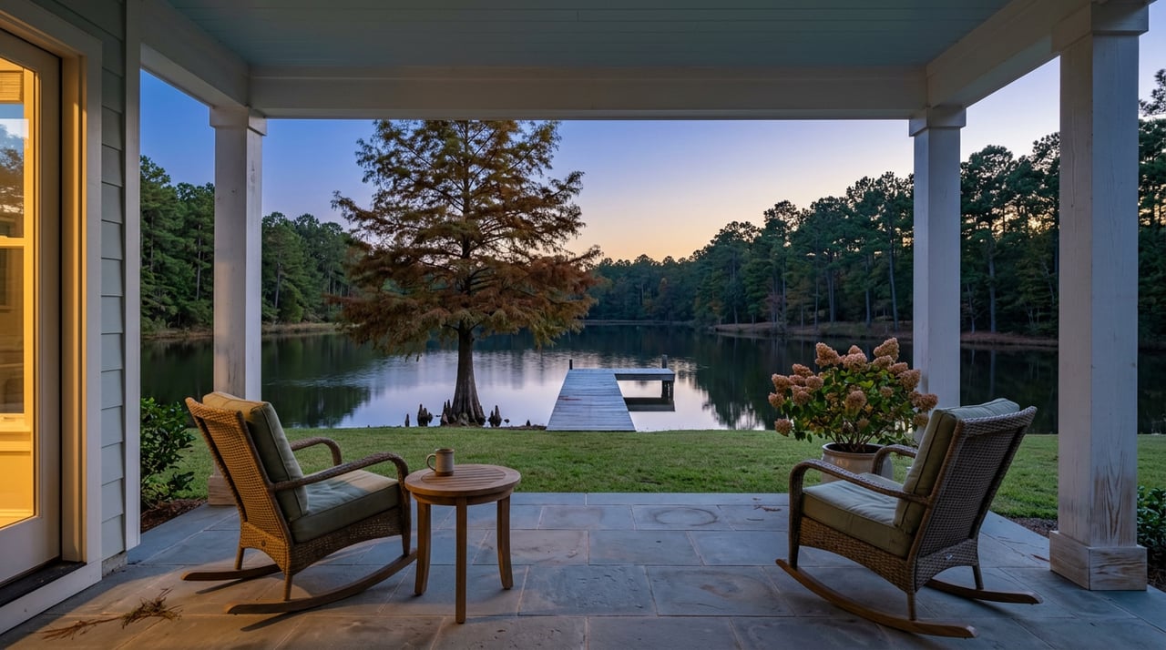 Lakefront porch with two wicker rocking chairs, a mug on a side table, and a wooden dock beyond the lawn.