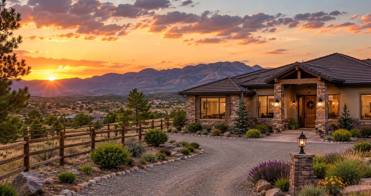 Home on acreage overlooking the Prescott Quad Cities at sunset with mountain views and a modern ranch-style home.