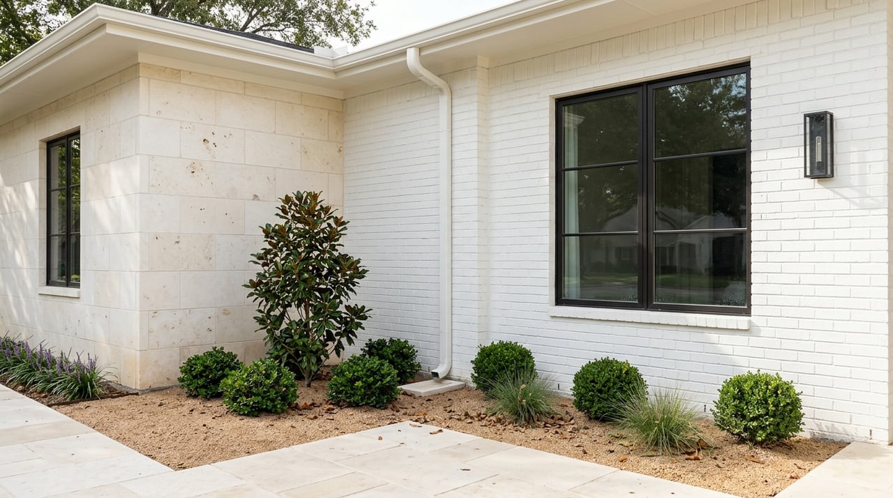 Limestone corner meets painted brick beside bronze-framed windows, limestone pavers, and foundation planting.