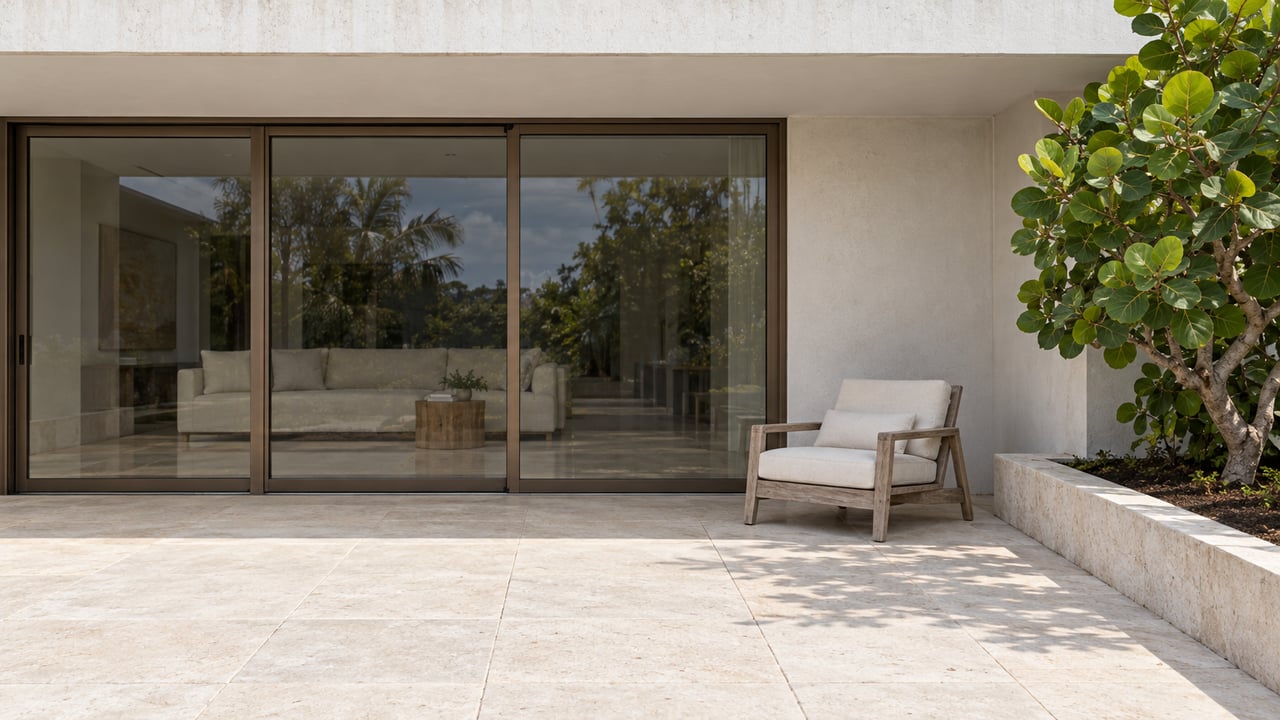 Contemporary home's limestone terrace with bronze-framed sliding glass doors, a teak lounge chair, and a sculptural sea grape tree in a raised planting bed.