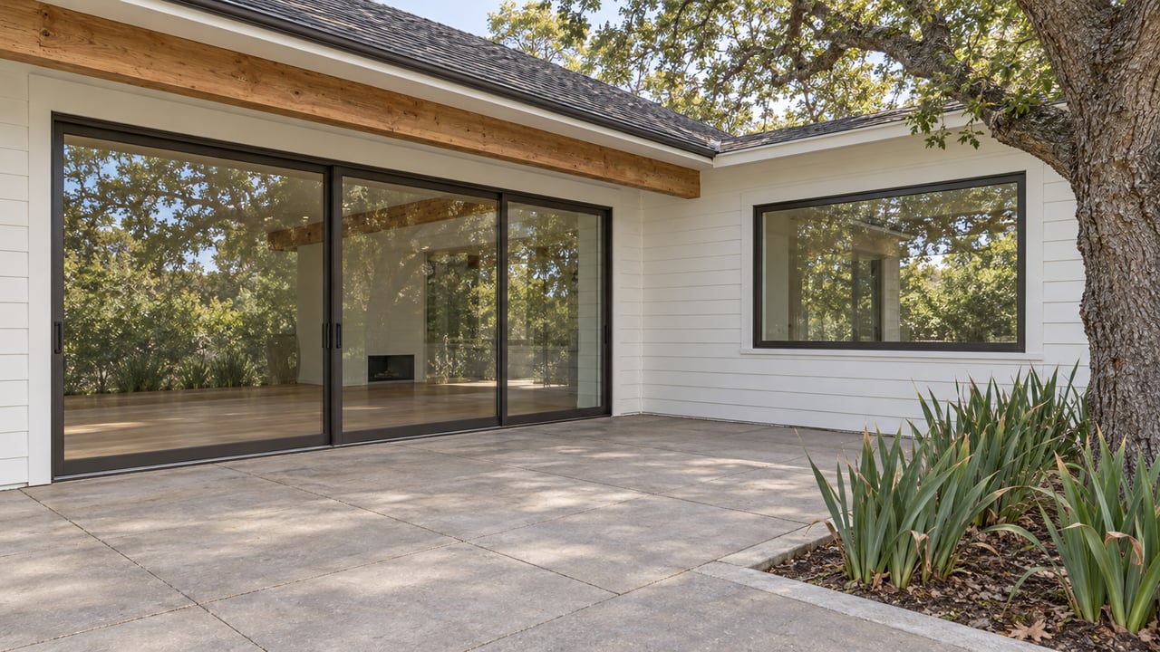 White single-story home with timber eaves and closed glass doors opening visually onto a gray paved terrace beside an oak and iris planting.