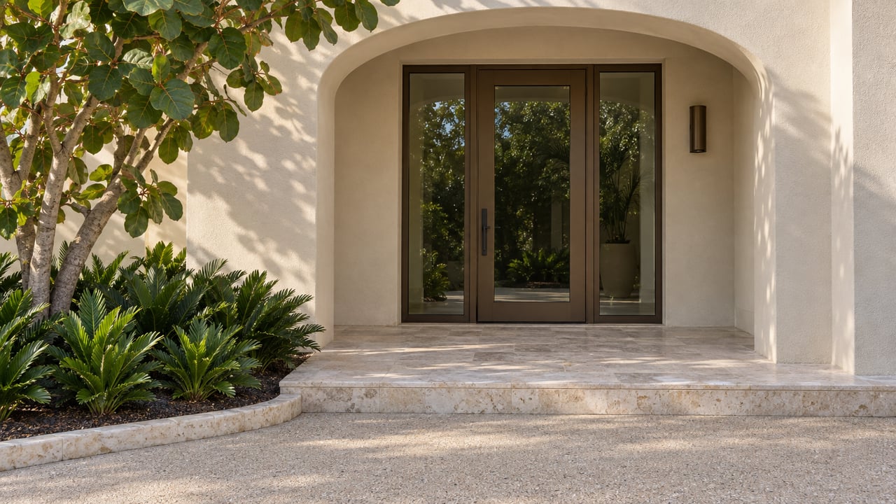 Sunlit ivory stucco entry with bronze-framed glazing, shell limestone steps, and sea grape planting beside a broad concrete driveway.