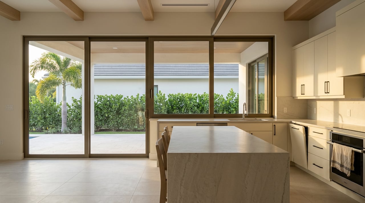 Open-plan great room with a waterfall-edge stone island, sliding glass wall, and foxtail palm on the lanai.