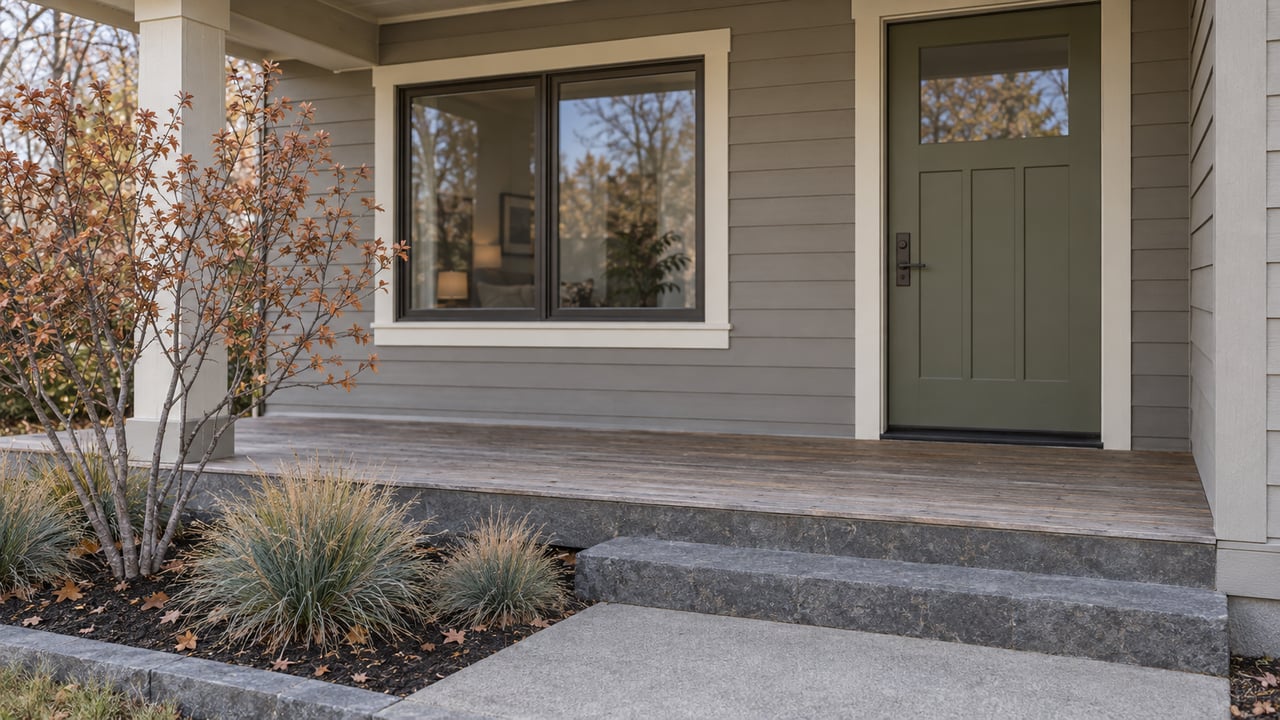 An updated bungalow entry with an olive door, weathered wood porch, basalt steps and copper-leaved serviceberry beside the approach.