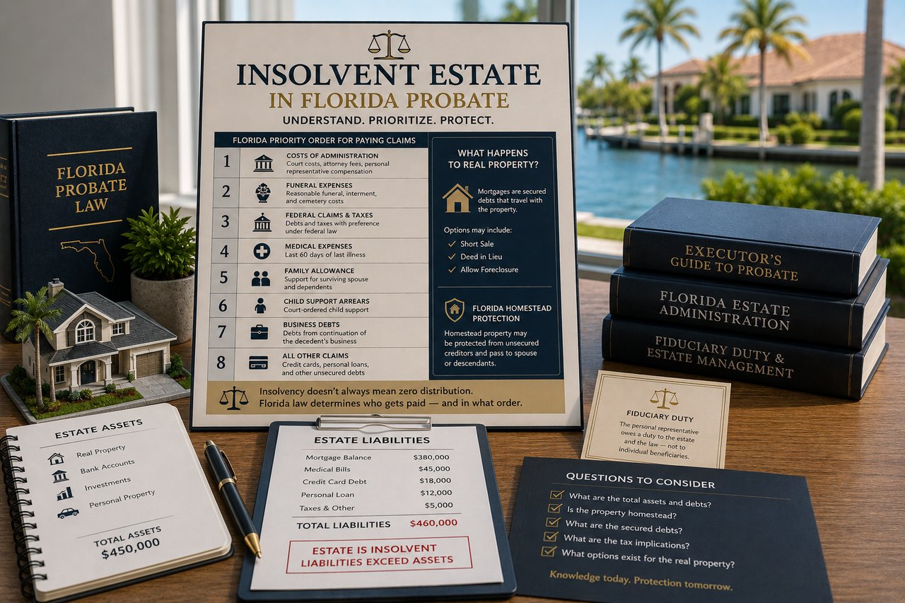 Florida probate insolvency planning workspace with estate documents, legal reference books, financial statements, and a waterfront home model, illustrating creditor claim priorities, estate administration, probate real estate, and insolvent estate planning in Southwest Florida.