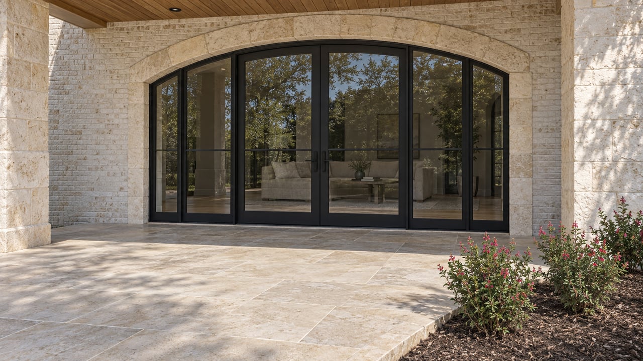 Cream limestone terrace and arched black-framed glass doors beneath a timber-lined patio roof, with flowering autumn sage beside a stone curb.