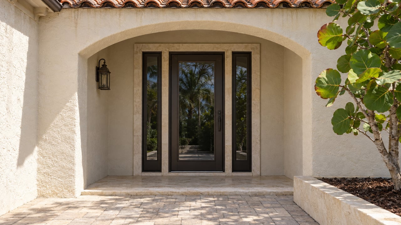 Sunlit ivory stucco arch framing a closed dark-glazed residential entrance, with worn stone paving and sea grape leaves.