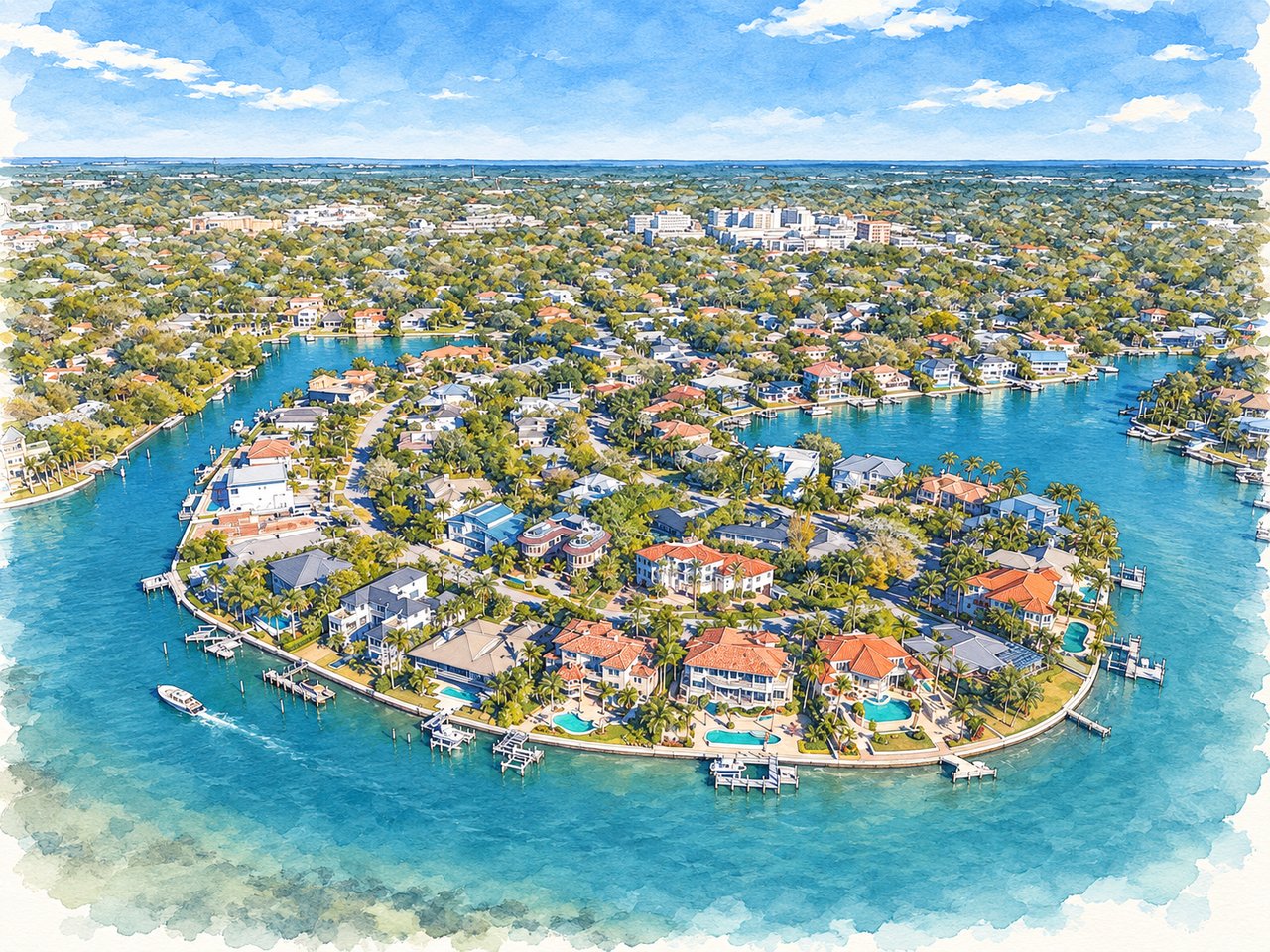 Aerial view of waterfront homes lining canals, with docks, swimming pools, and palm trees.