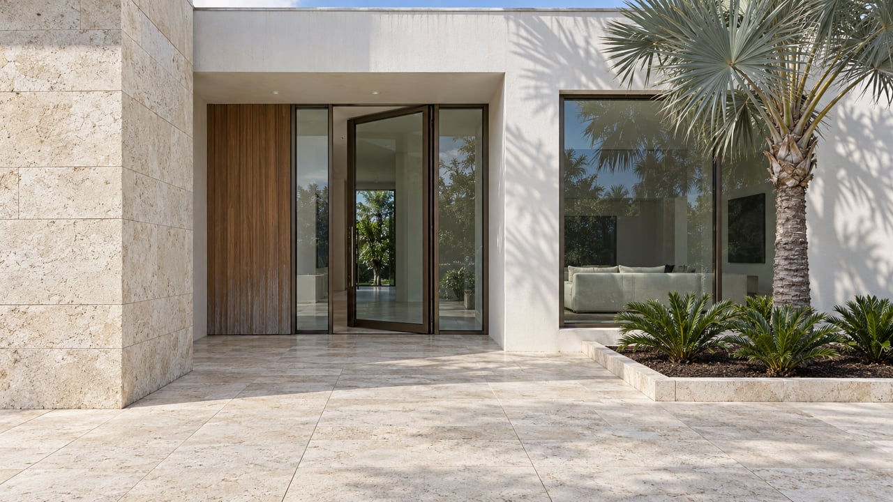 Modern white stucco home with a limestone entry court, bronze-framed glass entrance and a silver fan palm.