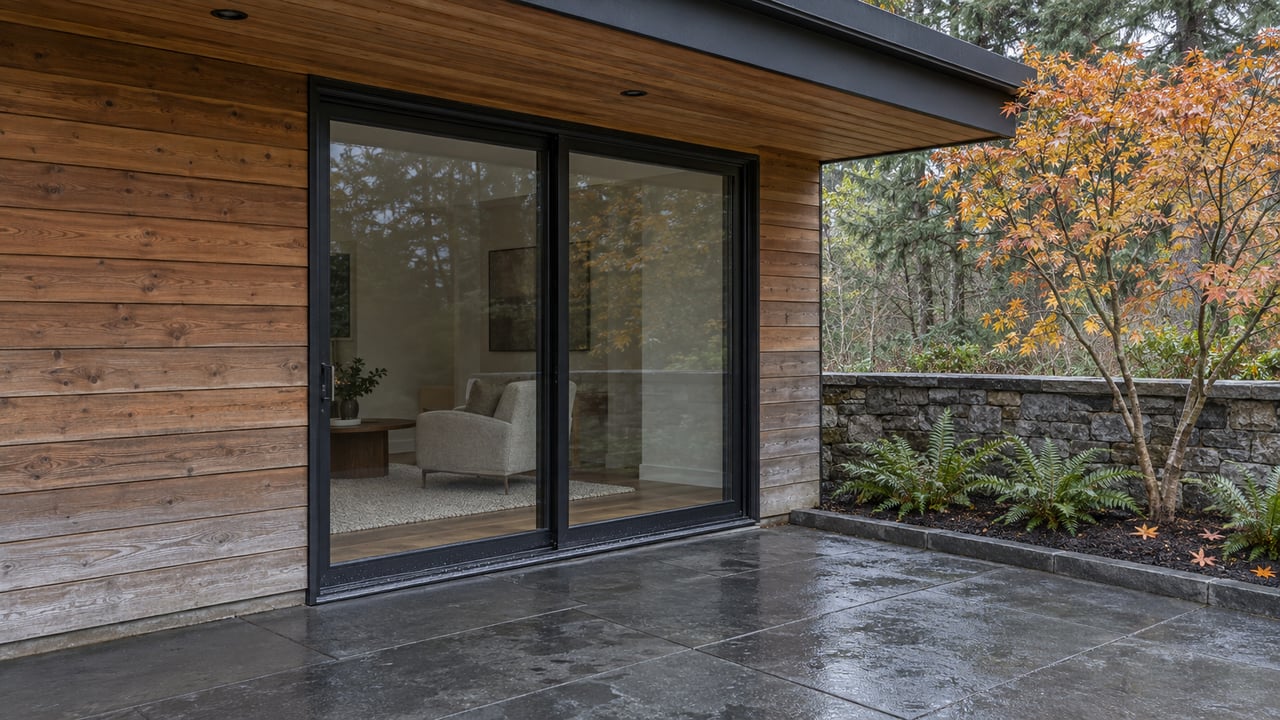 Covered patio corner with weathered cedar siding, closed black-framed glass doors, wet basalt paving and a small autumn maple above sword ferns.