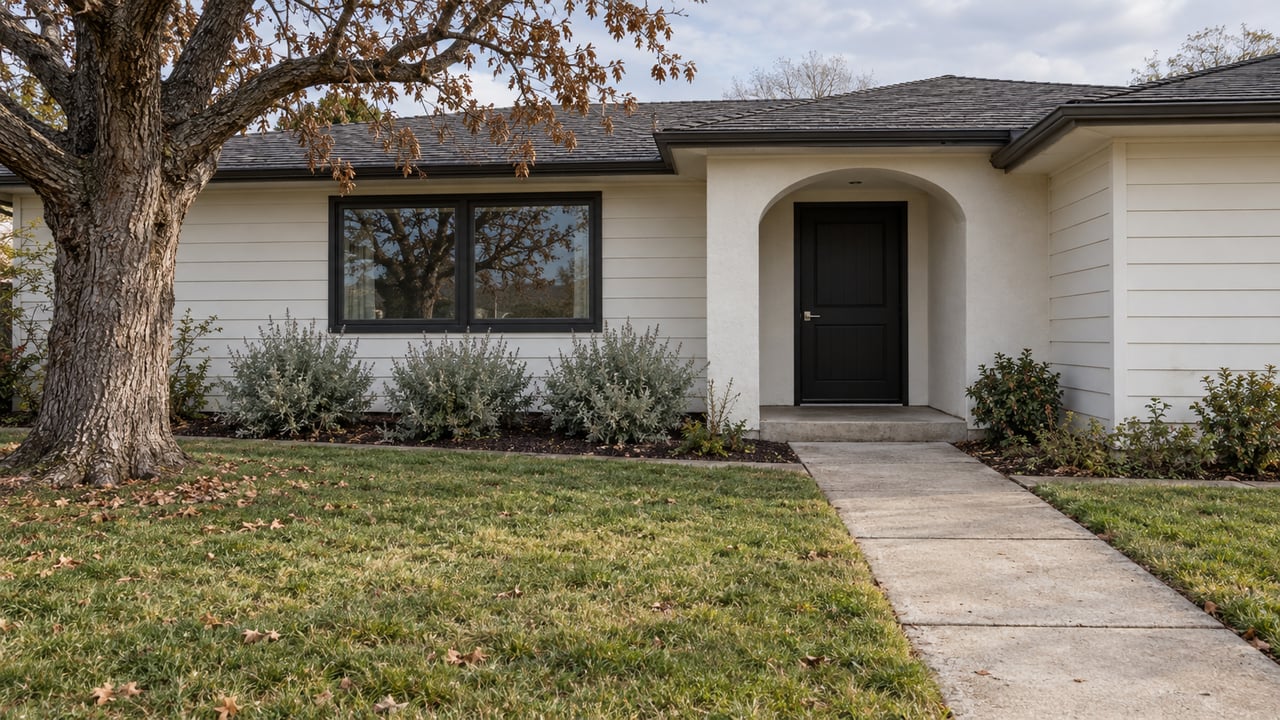 A modest white single-story home with a black front door, deep winter-green lawn and mature oak beside its concrete front walk.