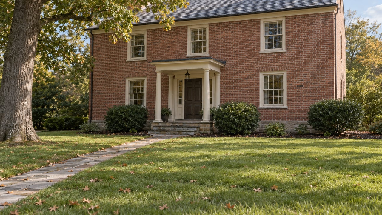Red-brick two-story house with a slate roof, oak tree, broad lawn, and flagstone path.