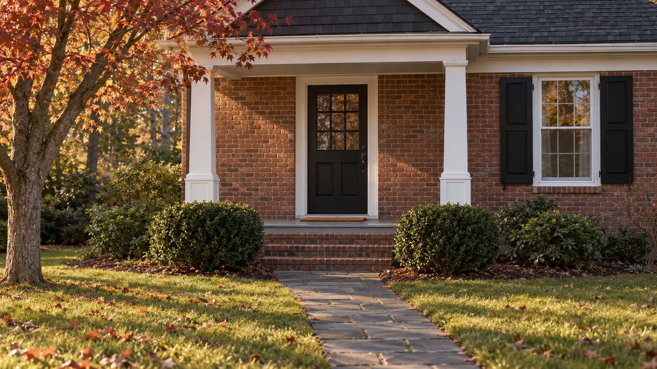 Brick house entry with white columns, black door, slate walk, and sparse copper-red leaves on the lawn.