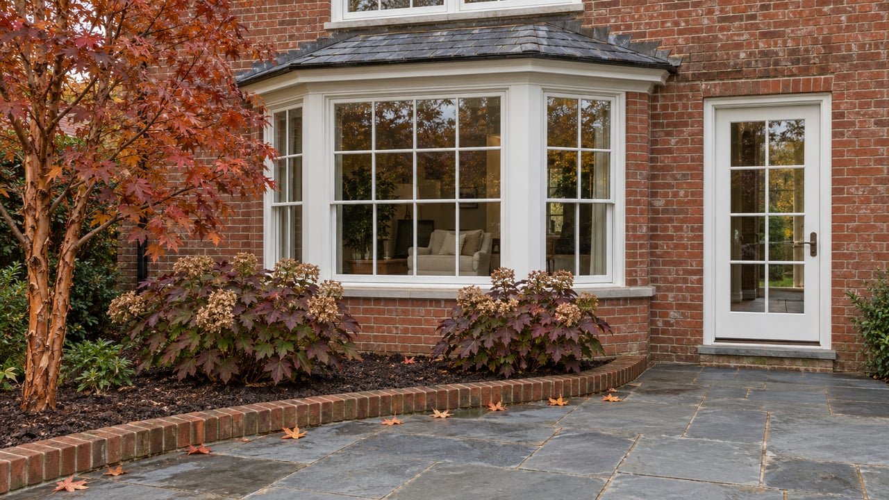 Autumn planting beside a weathered bluestone terrace and a red-brick house with white bay windows.