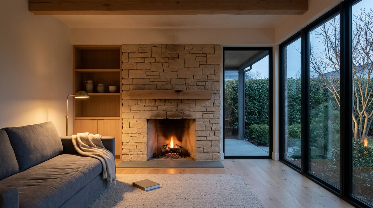 Sandstone fireplace glowing beside a gray sofa, oak shelving, and a brass floor lamp at dusk.
