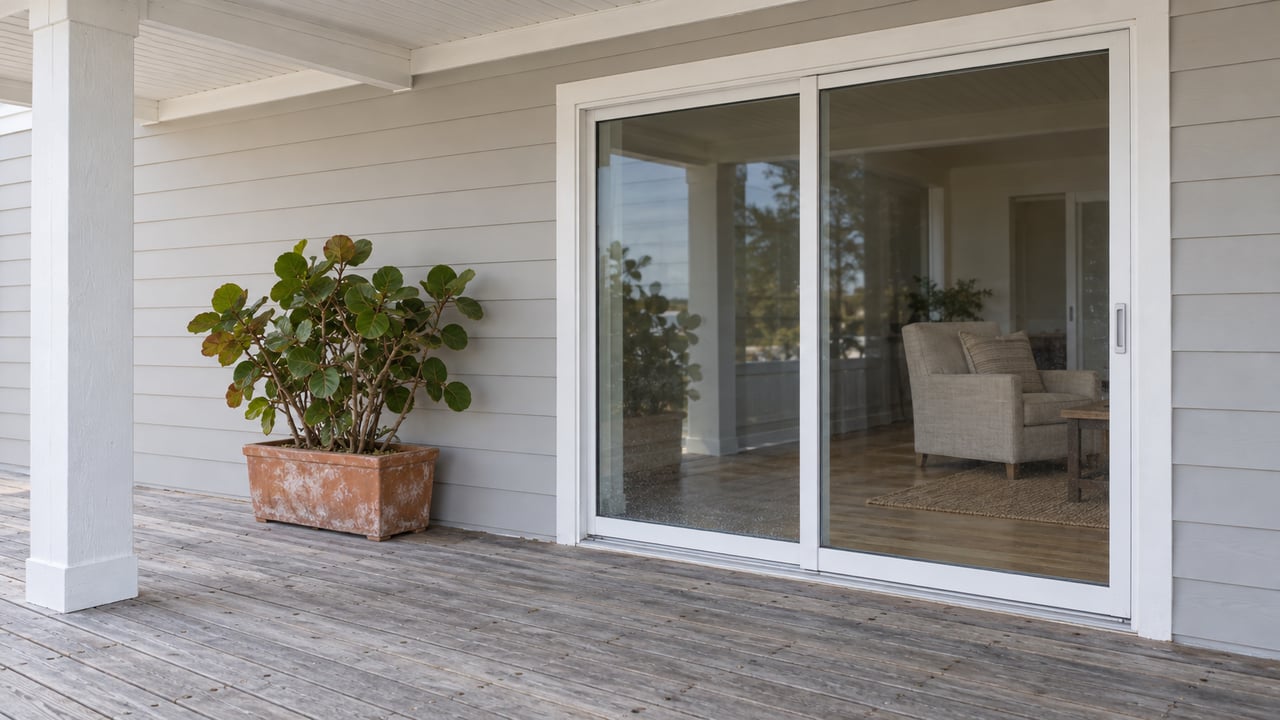 Weathered timber porch beside pale coastal siding and closed glass doors, with a sea grape in a terracotta planter.