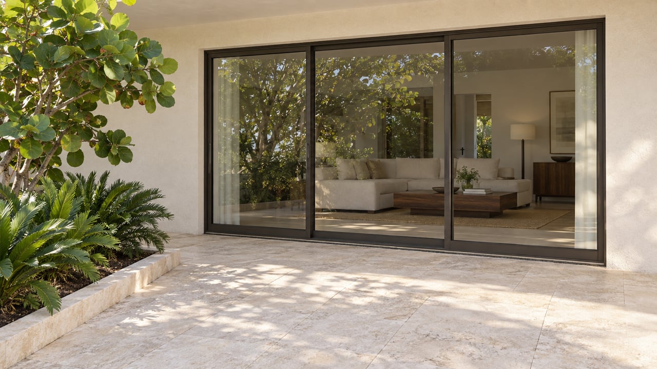 Limestone villa terrace with a closed bronze-framed glass wall, cream sofa visible inside, and a sea grape at left.