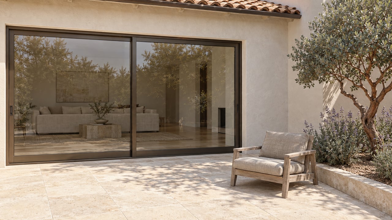 Ivory stucco home with closed bronze-framed glass doors, a limestone terrace, a weathered teak chair and red-barked manzanita.