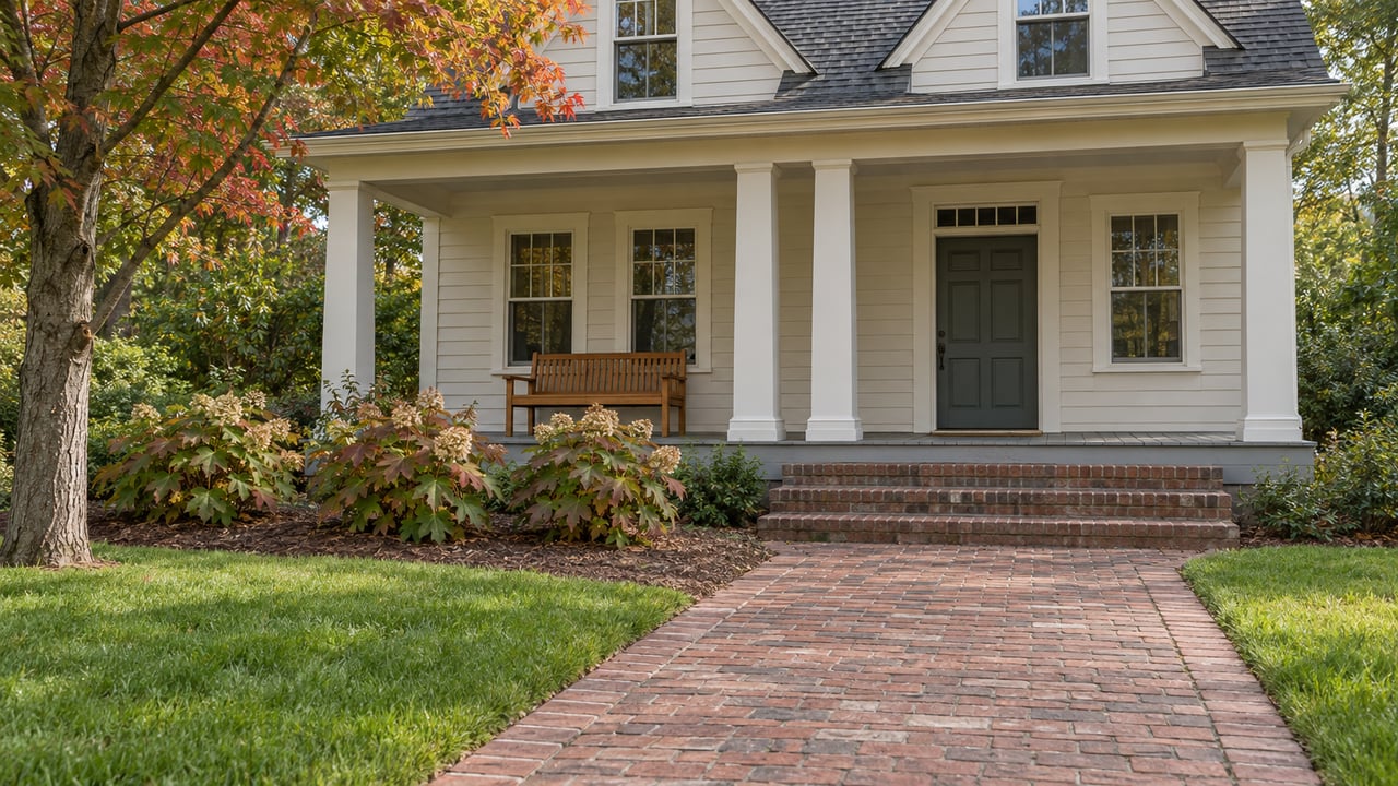 Ivory-sided two-story home with a broad covered porch, weathered brick approach, oakleaf hydrangeas and a red maple.