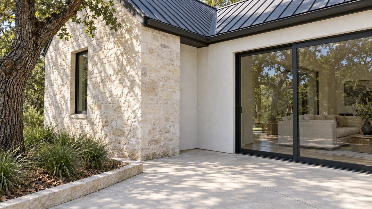 Close view of a limestone and white-stucco home with dark metal roofing, closed black-framed glass doors and a pale concrete terrace beside a mature live oak.