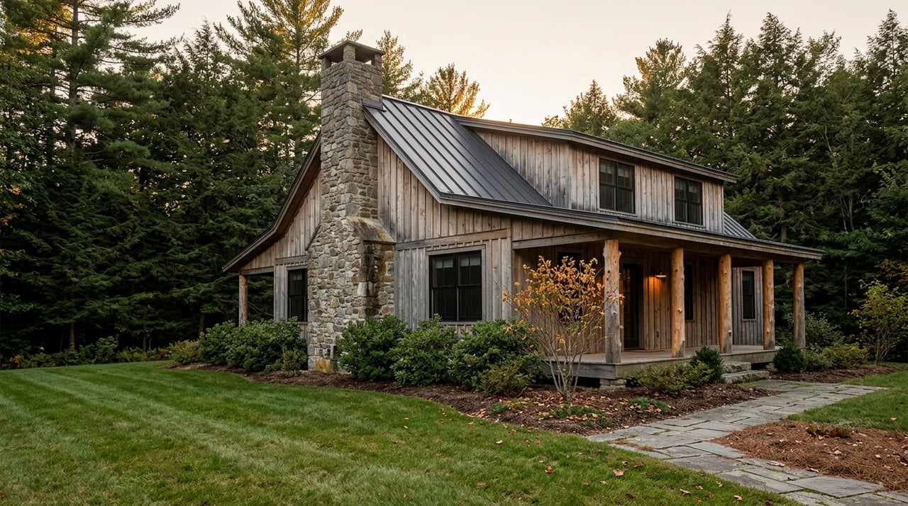 Wooded-lot home with a fieldstone chimney, charcoal metal roof, gray cedar siding, and log porch posts.