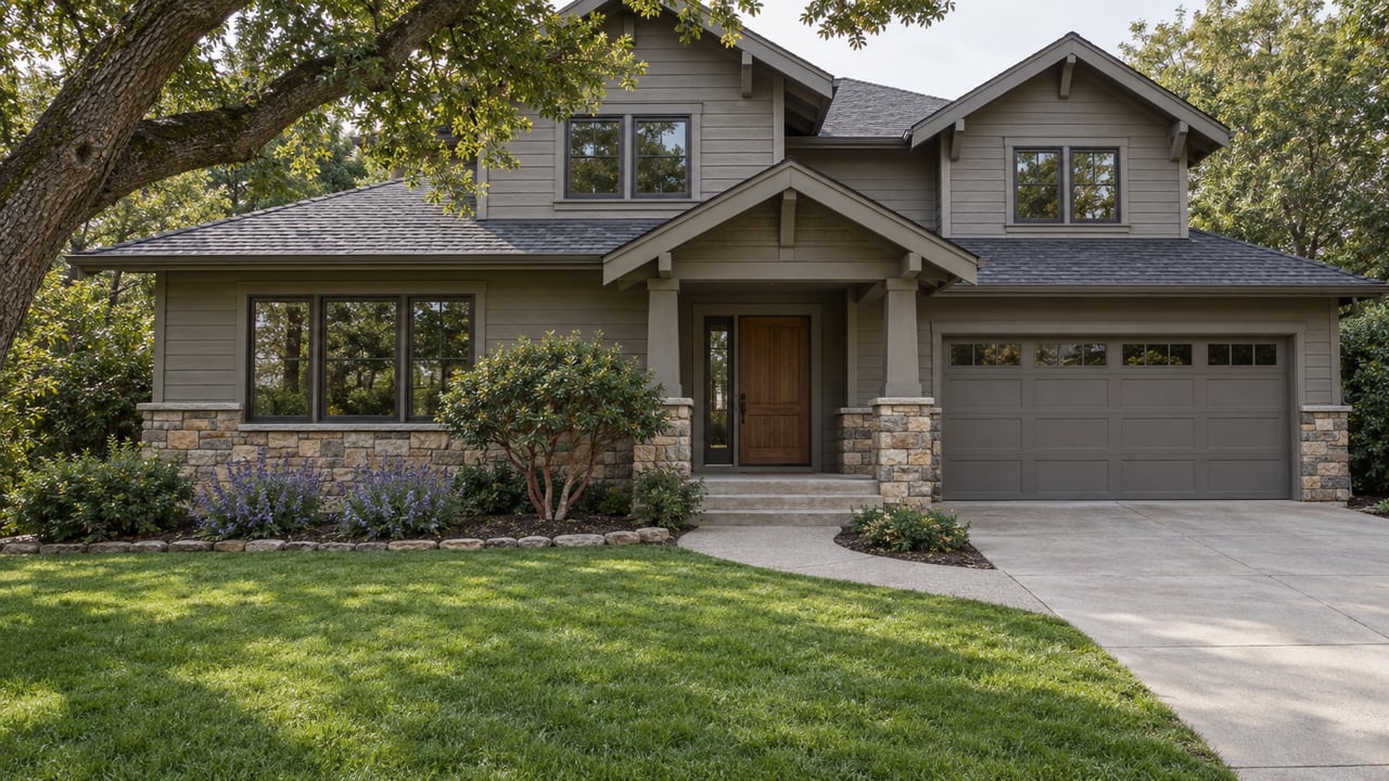 Wood-sided home with stone entry, curved concrete walk, deep lawn and a mature oak under soft morning light.