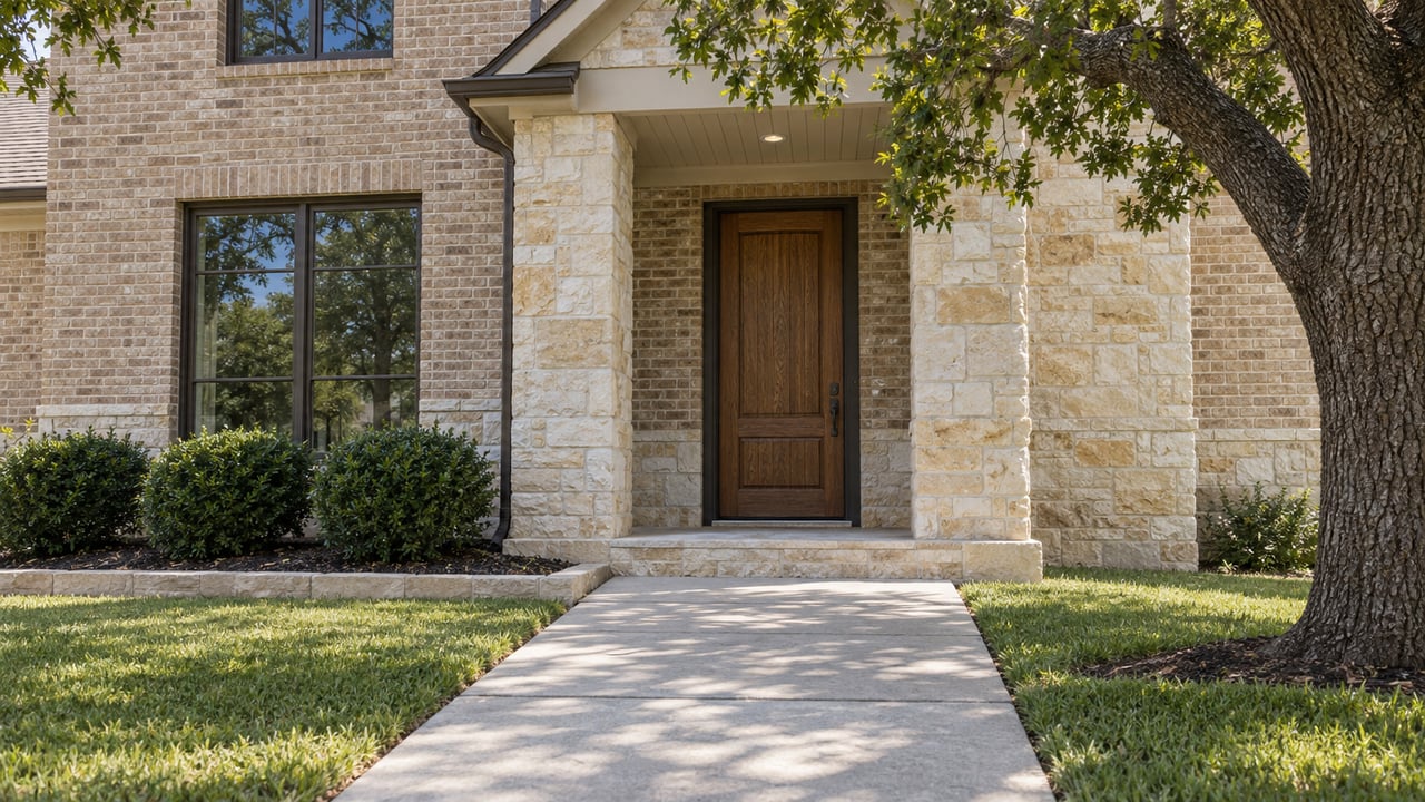 Sunlit brick and limestone home entrance with an oak door, bronze-framed windows, a broad concrete walk and maintained lawn.