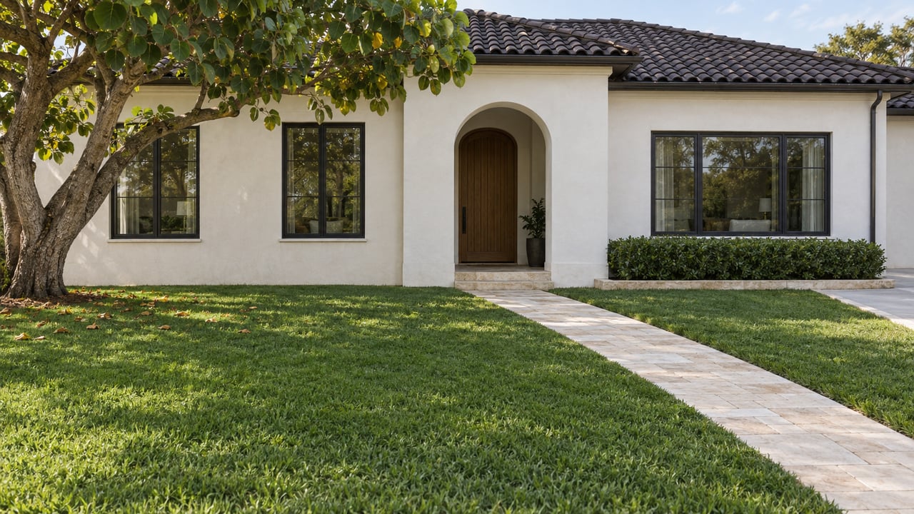 Pale stucco house beyond a broad lawn, with an arched entry and paver path.