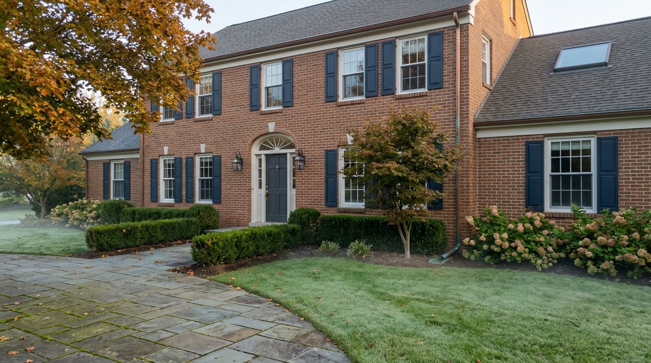 Red-brown brick home with charcoal entry door, white-trimmed windows, and dew-covered lawn beneath an amber maple canopy.