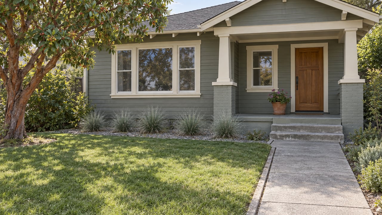 Gray-green bungalow with a sheltered porch, concrete front walk, small lawn and carefully spaced drought-adapted planting.