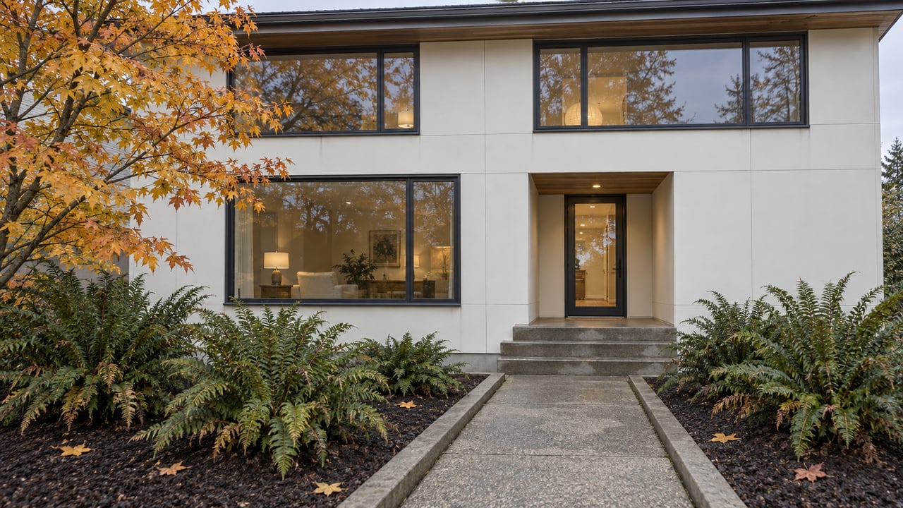 Contemporary white two-story home with charcoal-framed windows, a cedar entry soffit and a concrete garden approach beneath a copper-leaved maple.
