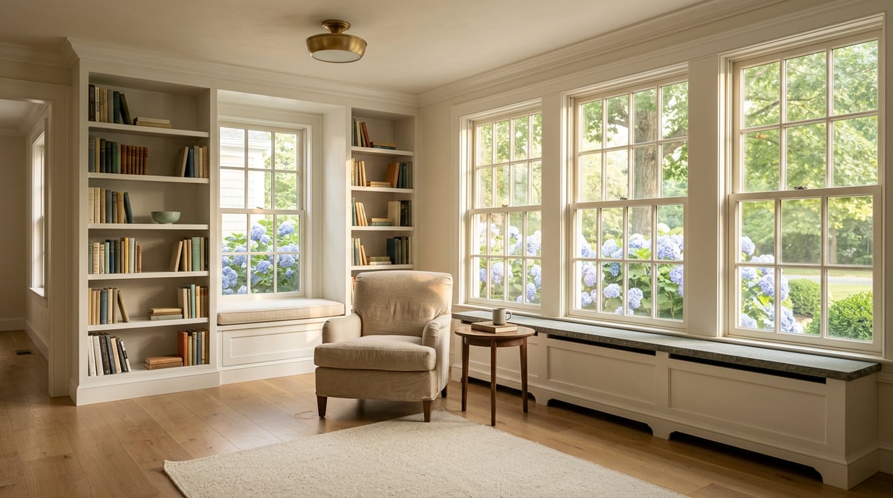 Sunlit reading room with white built-in bookcases, an oatmeal chair, and blue hydrangeas outside divided-light windows.